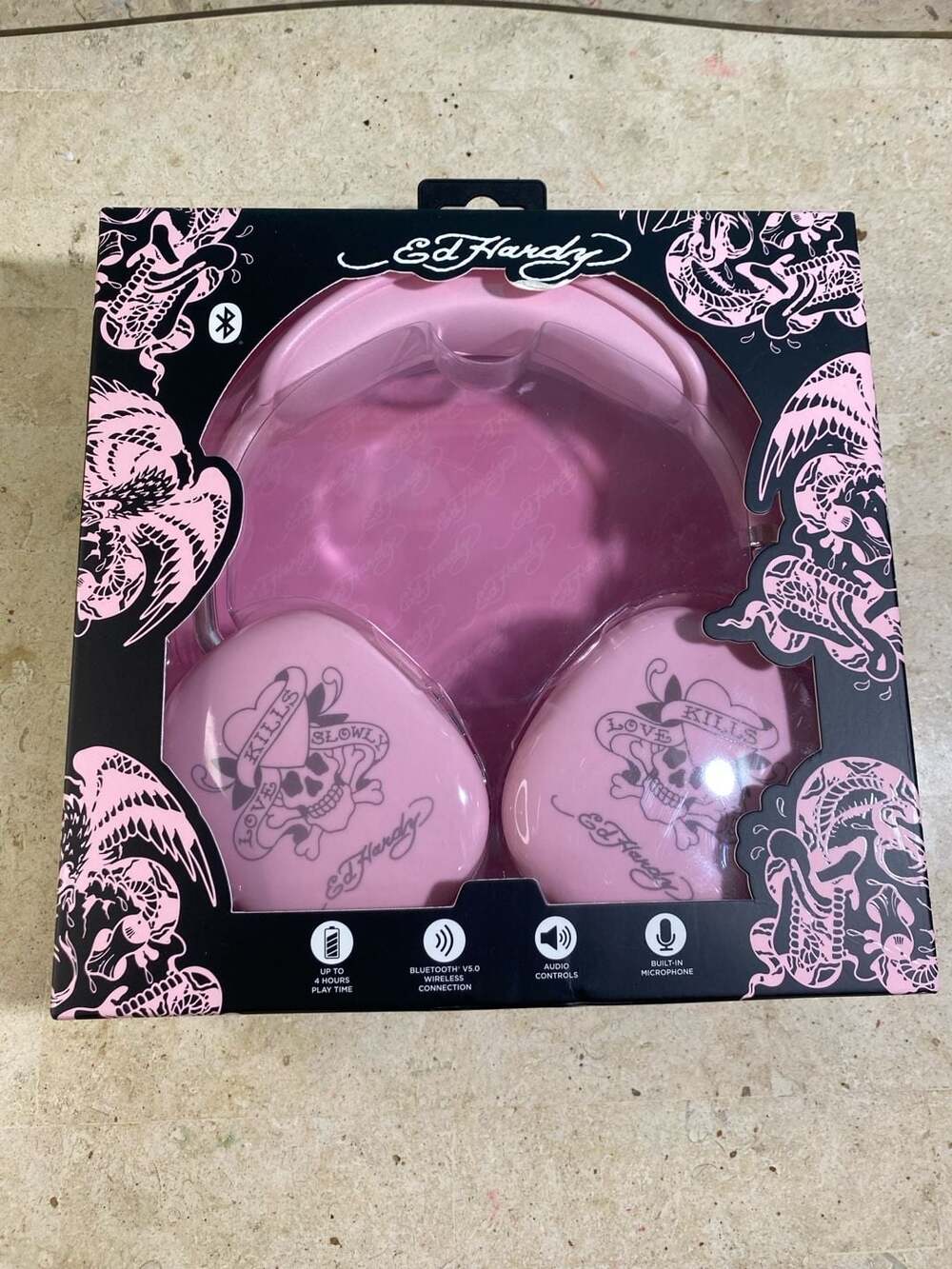 Ed Hardy 'Love Kills Slowly' Pink Wireless Bluetooth Headphones